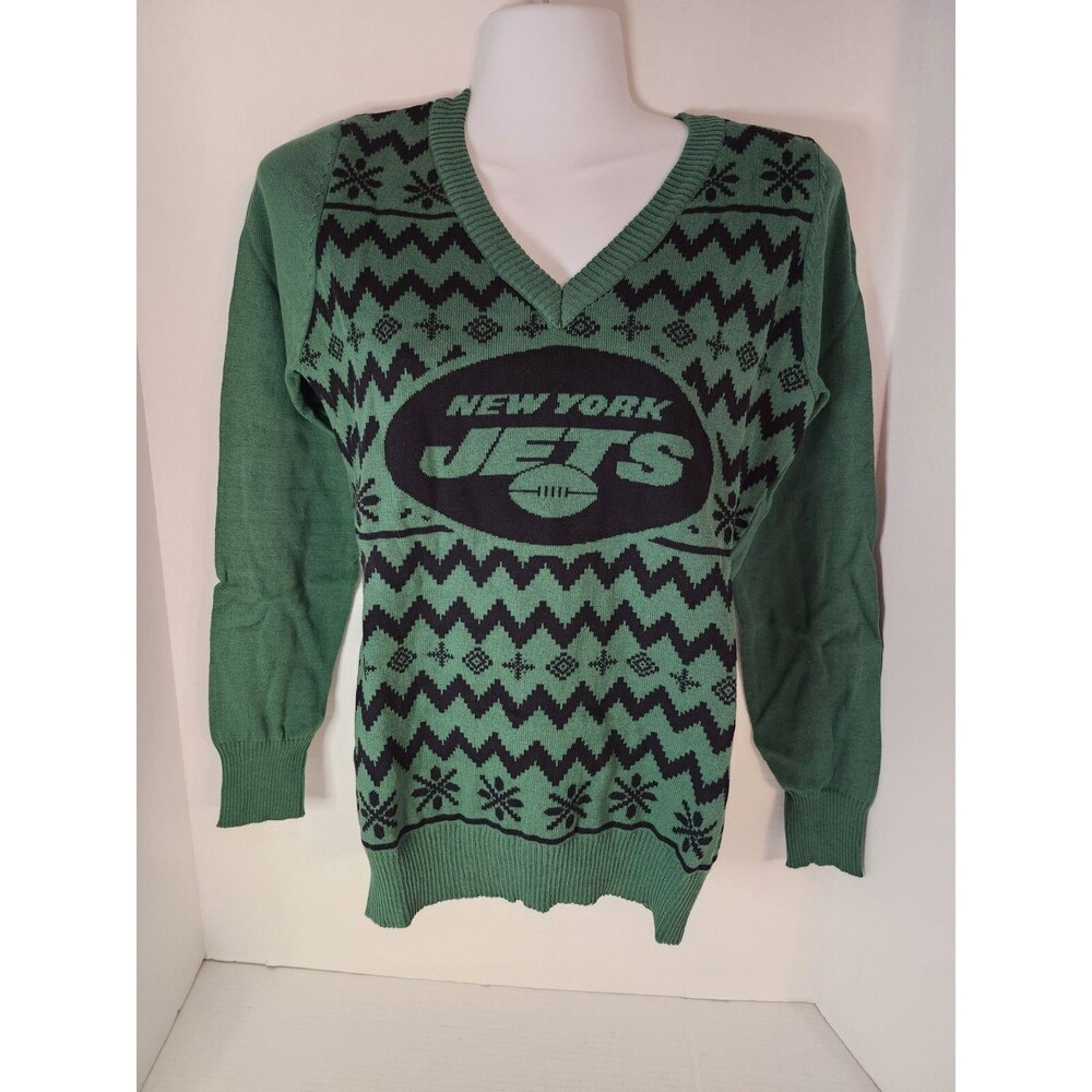 New York Jets NFL Logo Women's V-Neck Ugly Sweater Football NWT Small FOCO